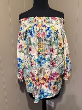 B38 Fifteen Twenty Women’s Large Colorful Floral Off-Shoulder Smocked Tunic